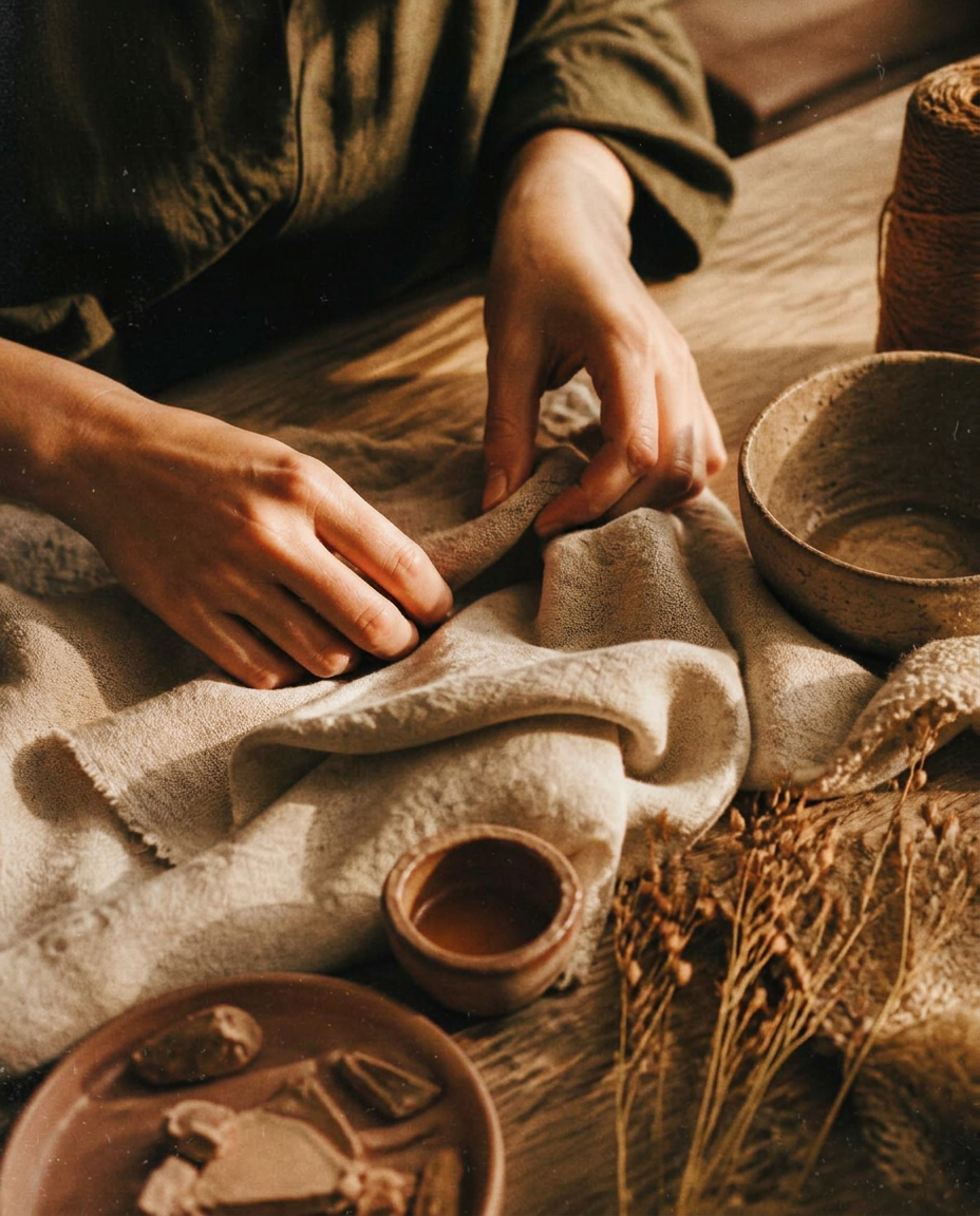 Hands working with linen and natural pigments on a sunlit studio table